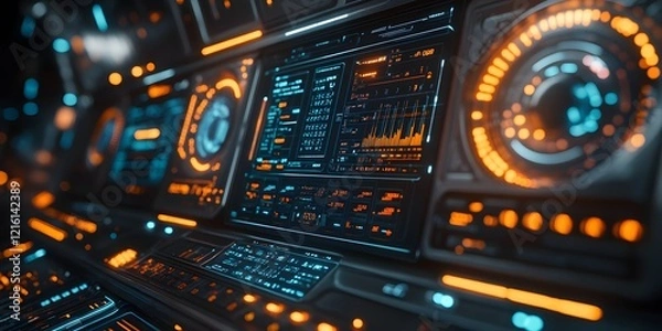 Fototapeta Computer monitor with a lot of orange and blue lights