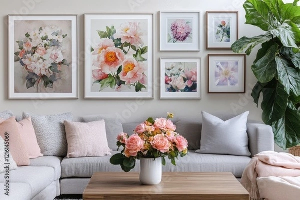 Fototapeta Living room design with floral wall art, stylish furniture, and decorative elements creating a cozy atmosphere, ideal for home interior inspiration and relaxation.