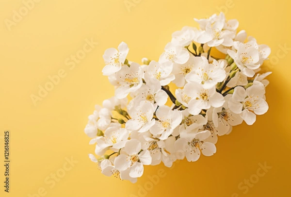 Fototapeta beautiful bouquet of white blossoms on vibrant yellow background, creating cheerful and fresh atmosphere. Perfect for spring themes and floral arrangements