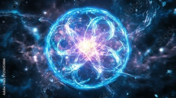 Fototapeta A powerful energy burst emanates from atomic nuclei during nuclear fission, scattering particles widely in a vibrant cosmic environment filled with swirling colors.