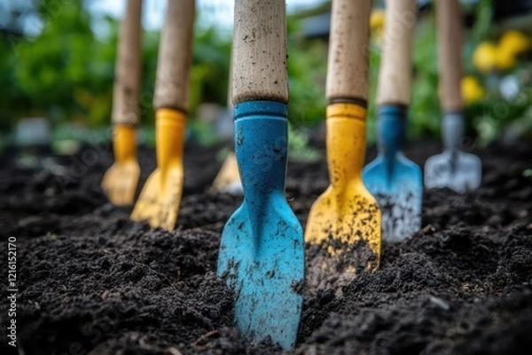 Obraz Collection of gardening tools in use representing collaborative gardening and growth
