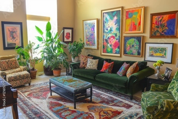 Obraz Cozy living room with green sofa, vibrant artwork on walls, indoor plants, and decorative rug, creating a warm and inviting atmosphere for relaxation.