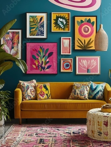 Obraz Colorful living room featuring a mustard yellow sofa with decorative pillows, vibrant wall art, indoor plants, and a stylish area rug for modern home decor inspiration.