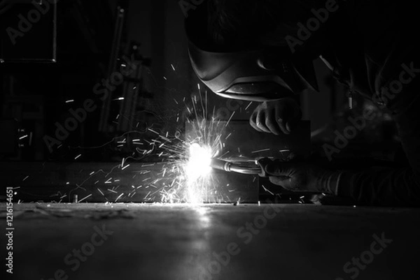 Fototapeta a person wearing a welding mask works on metal with a welding torch, creating sparks through the welding process