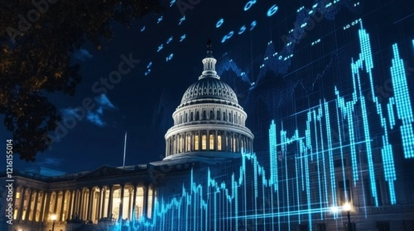 Fototapeta Capitol building at night with financial data overlays, representing government regulations and stock market trends impacting economic growth and investment strategies.