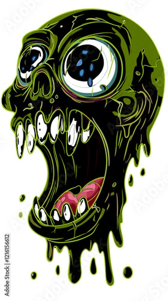Fototapeta Playful Nft Colorful cartoon skull with exaggerated features and green and black dripping slime expresses a playful horror theme