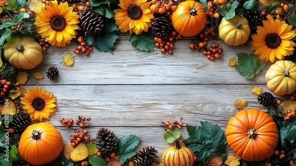 Obraz A top view vertical photo of sunflowers, raw vegetables, pumpkins, pattypan squash, pine cones, and rowan berries on an isolated white wooden table background, creating an autumn harvest scene