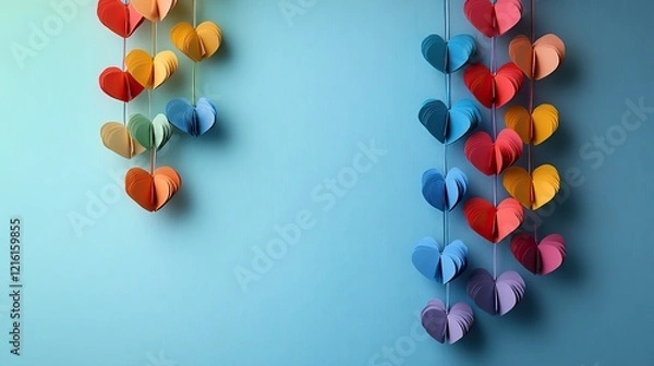 Obraz A vertical arrangement of paper hearts in vivid rainbow colors symbolizes LGBTQ pride, spreading love and diversity