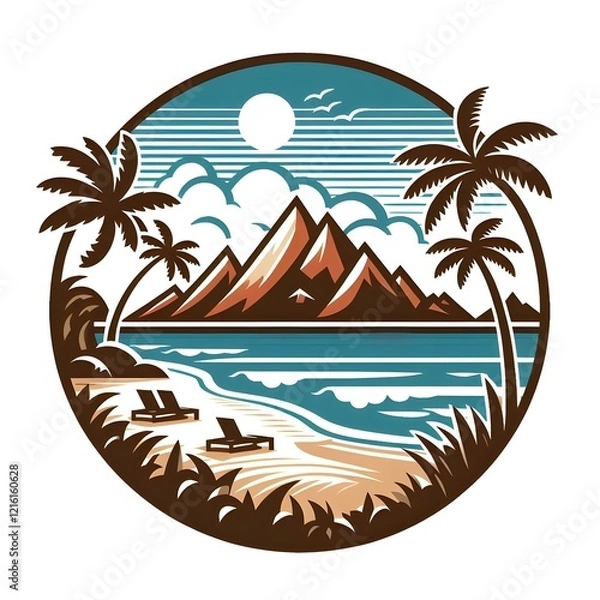 Obraz Tropical Beach Logo Style Illustration — Palm Trees, Ocean Waves & Sunset Paradise Design