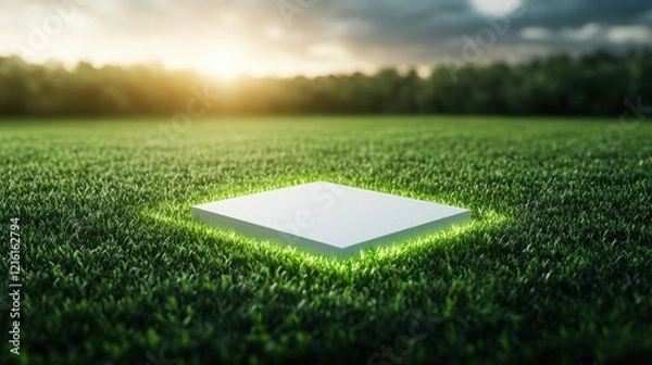 Fototapeta Glowing White Plot of Land in a Lush Green Field with Sunset Background and Dynamic Sky
