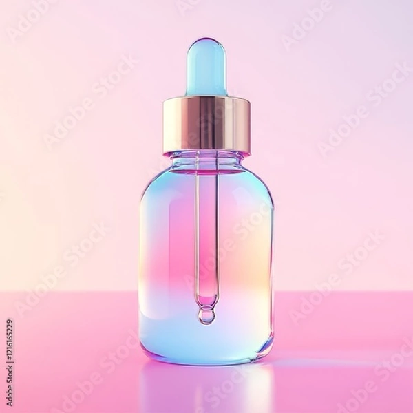 Fototapeta Realistic transparent plastic bottle with two-phase cosmetic product with pump dispenser.Package for tonic, lotion. Isolated object on abstract stylish gradient background.Vector illustration.