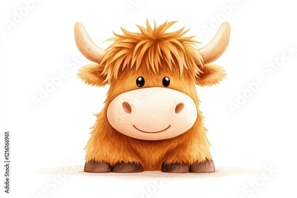 Obraz Cute cartoon Highland cow with fluffy fur, smiling in a simple background, ideal for children's content