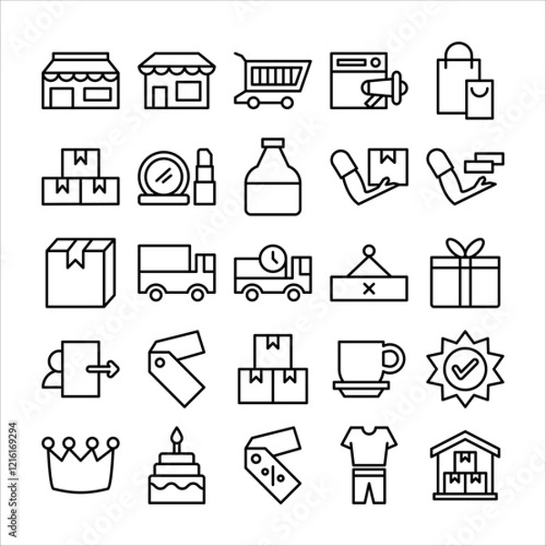Obraz ecommerce icon set. Containing advertising, beauty, box, cake, cart, close, coffee and more. vector icons collection.