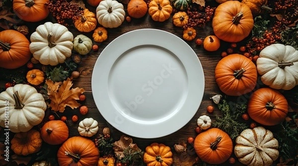Obraz An empty plate sits vertically surrounded by small orange and white pumpkins, evoking a Thanksgiving theme