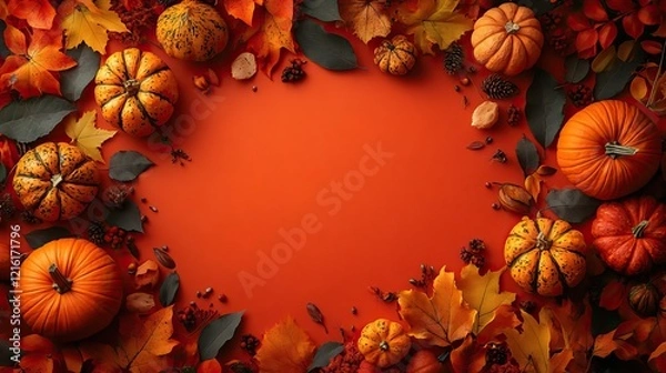 Fototapeta An overhead perspective showcasing pumpkins and pattipans against an orange backdrop with a blank frame for greeting text or advertising, symbolizing autumn festivity