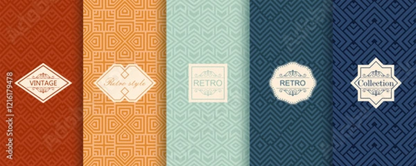 Fototapeta Vector geometric seamless patterns. Trendy set of abstract colorful backgrounds with minimal labels, frames. Abstract modern retro line ornament textures. Design for print, decor, package, banner