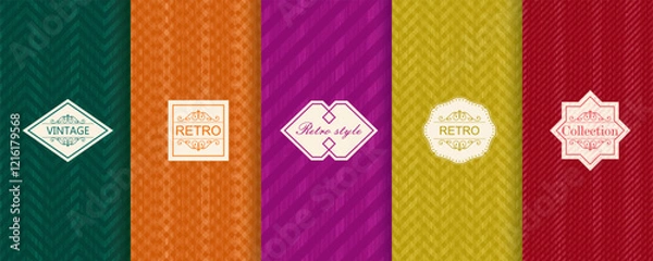 Fototapeta Vector geometric seamless patterns. Trendy set of abstract colorful backgrounds with minimal labels, frames. Abstract modern retro line ornament textures. Design for print, decor, package, banner
