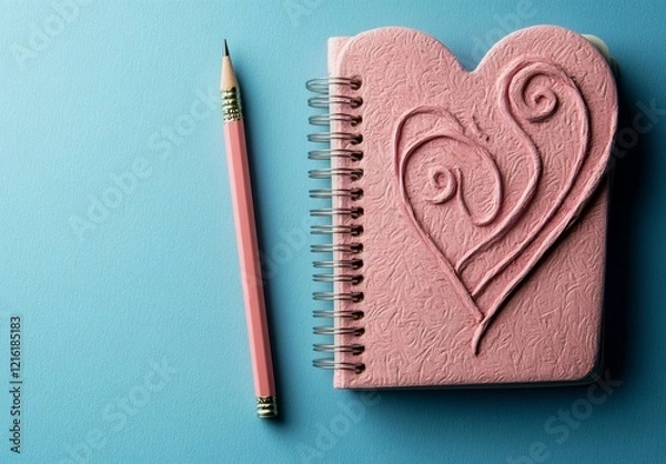 Fototapeta A pink heart-shaped notebook with a pencil on a blue background