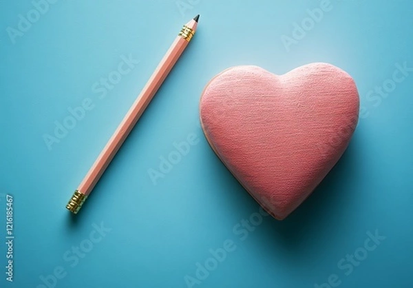 Fototapeta A pink heart-shaped notebook with a pencil on a blue background