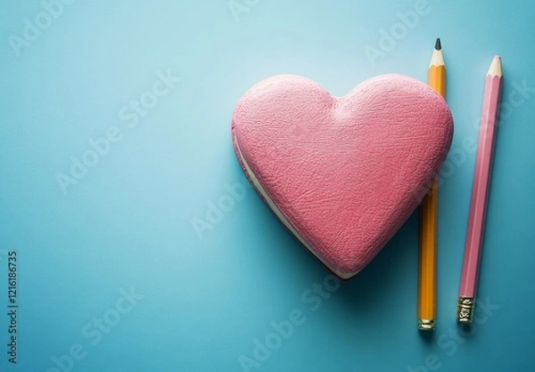 Fototapeta A pink heart-shaped notebook with a pencil on a blue background