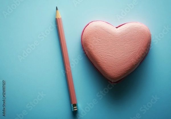 Fototapeta A pink heart-shaped notebook with a pencil on a blue background
