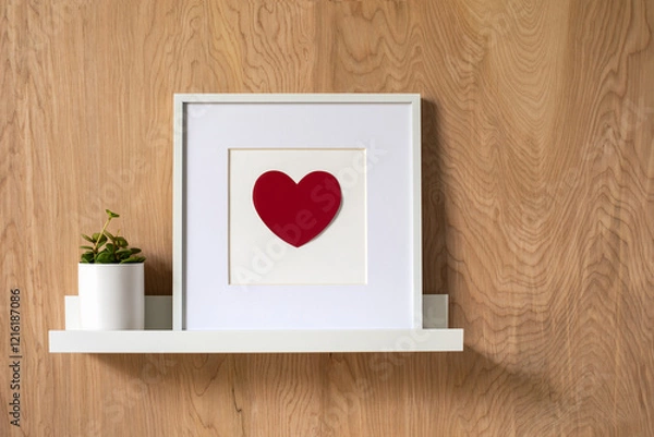 Obraz Red heart shape in a white modern frame standing on a white shelf with wooden wall on the background. Mockup fram e design for square art