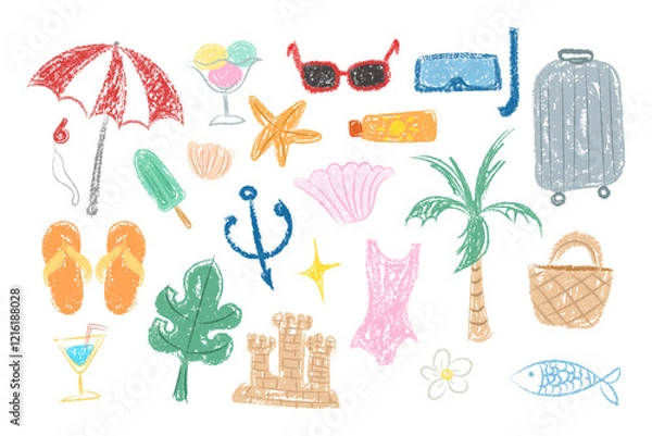 Obraz Crayon fun cute kid colorful doodle set badge, scribble line  rainbow background. Hand drawn doodle sketch childish element set. beach summer vibe and travelling children draw style design elements	