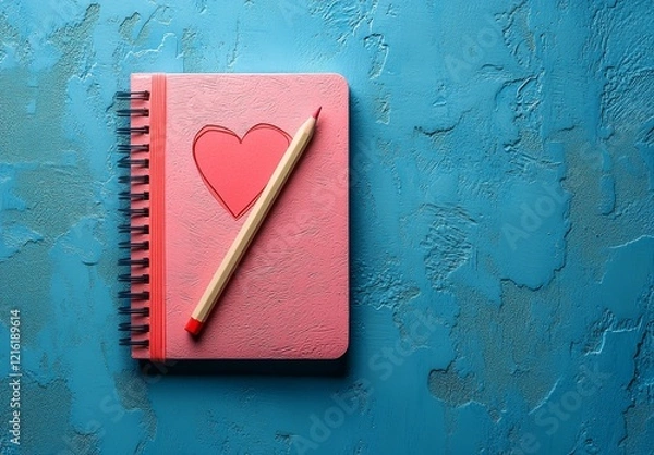 Fototapeta A pink heart-shaped notebook with a pencil on a blue background