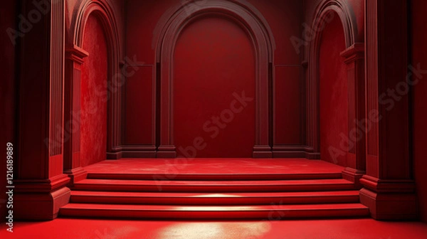 Fototapeta A red rendered image of stepped archways, perhaps for a product display.