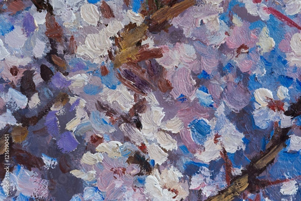 Fototapeta Abstract multicolored art background with oil paints. Modern hand-made design on canvas with a brush. Up-to-date picturesque spring background for websites. Delicate shades of blue brown purple pink