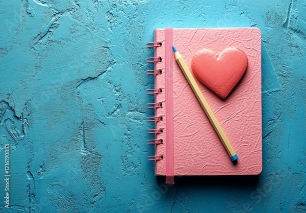Fototapeta A pink heart-shaped notebook with a pencil on a blue background