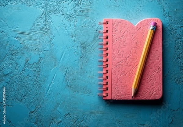 Fototapeta A pink heart-shaped notebook with a pencil on a blue background