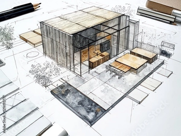 Fototapeta Architectural drawings and material palettes for interior design projects