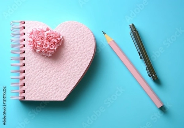 Fototapeta A pink heart-shaped notebook with a pencil on a blue background