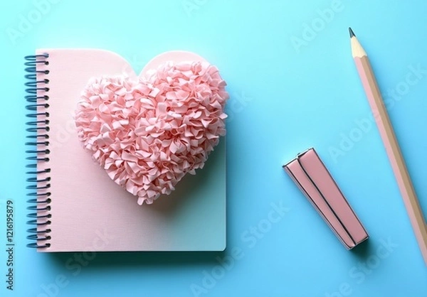 Fototapeta A pink heart-shaped notebook with a pencil on a blue background