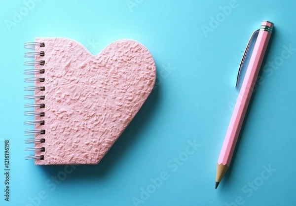 Fototapeta A pink heart-shaped notebook with a pencil on a blue background