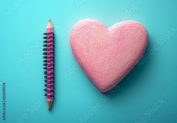Fototapeta A pink heart-shaped notebook with a pencil on a blue background