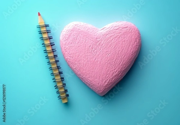 Fototapeta A pink heart-shaped notebook with a pencil on a blue background