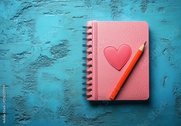 Fototapeta A pink heart-shaped notebook with a pencil on a blue background