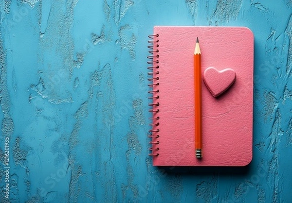 Fototapeta A pink heart-shaped notebook with a pencil on a blue background