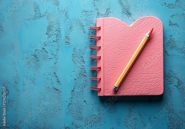 Fototapeta A pink heart-shaped notebook with a pencil on a blue background