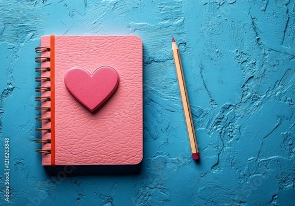 Fototapeta A pink heart-shaped notebook with a pencil on a blue background