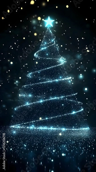 Fototapeta Abstract Sparkling Christmas Tree Shines Brightly with Star Topper and Falling Snowflakes in Dark Background