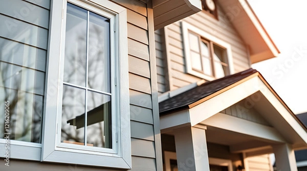 Fototapeta Modern House Exterior: Architectural Design and Details. High-quality image showcasing the contemporary home's exterior, highlighting its design elements and architectural features.