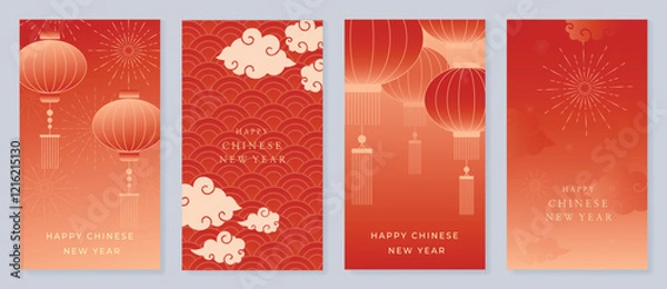 Obraz Chinese New Year 2025 hongbao red envelope design vector. Collection of Chinese festival with lantern, sea wave, firework. Elegant oriental illustration for angpao, cover, website, calendar, ads.