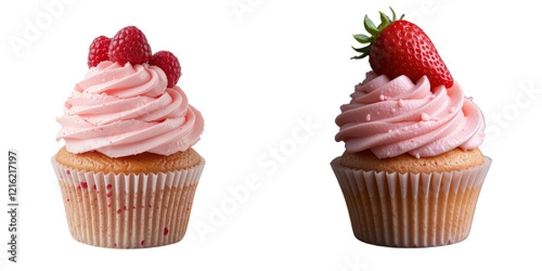 Fototapeta Strawberry Pink cupcake with cream on transparent bg 