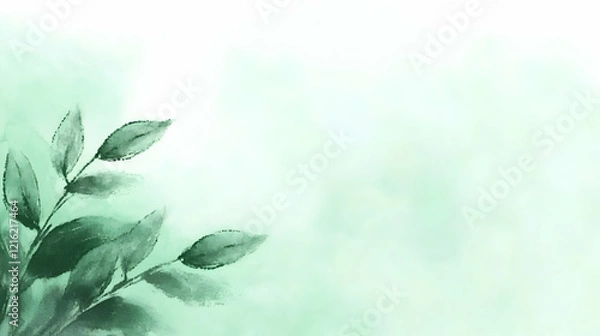 Fototapeta Elegant Green Leaves Watercolor Painting on Soft Green Abstract Background for Peaceful Nature Design