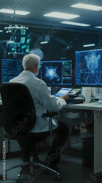 Fototapeta Medical Professional Analyzes Complex Data on Multiple Screens in Futuristic Lab Setting.