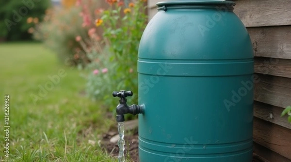 Fototapeta DIY rain barrel setup in a backyard