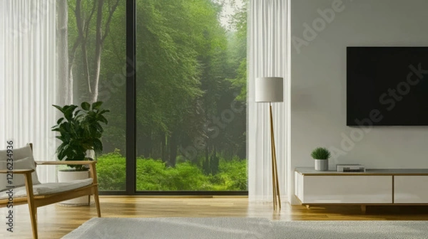 Fototapeta Modern living room with large windows showcasing a lush green forest view